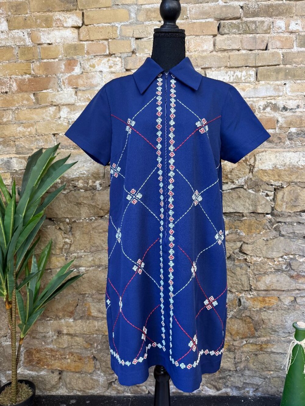 Frances Valentine Embroidered Shirt Dress Navy Blue Size Large
